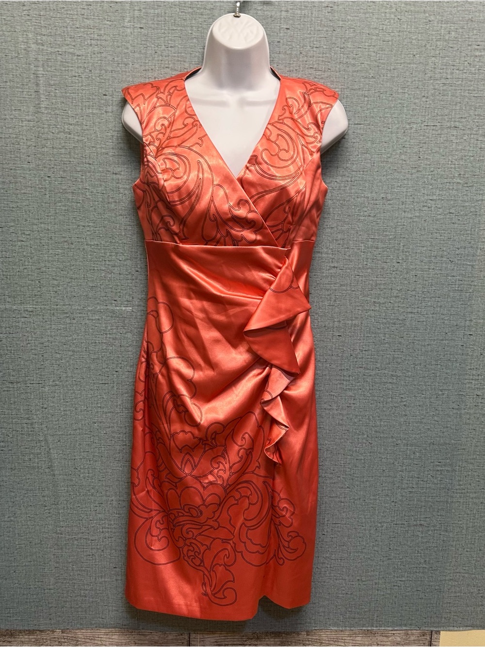 Chic Le Chateau Orange Satin Ruffled Sheath Dress - Size M